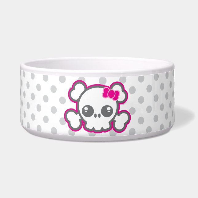 Kawaii Pink Ribbon Skull Dog Bowl Voerbakje (Voorkant)