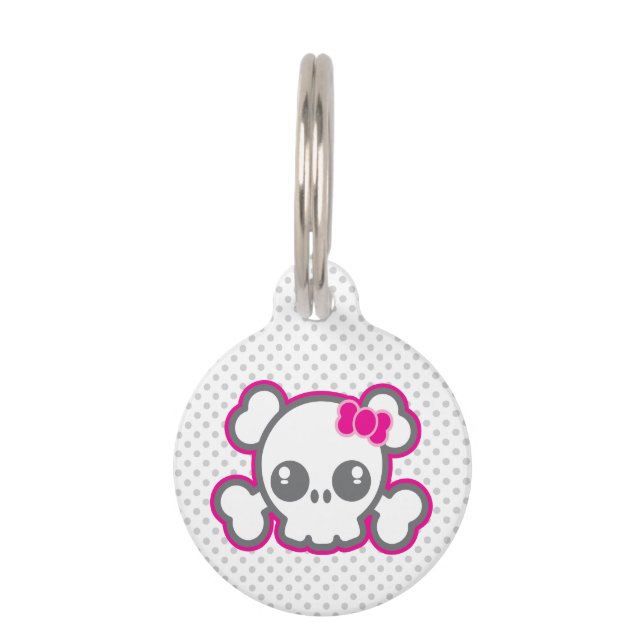 Kawaii Pink Ribbon Skull Dog Label Huisdierpenning (Voorkant)