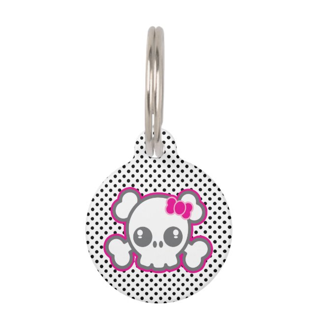 Kawaii Pink Ribbon Skull Dog Label Huisdierpenning (Voorkant)