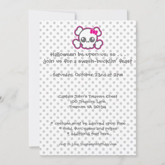 Kawaii Pink Ribbon Skull Halloween Party Invite Kaart (Achterkant)