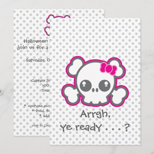 Kawaii Pink Ribbon Skull Halloween Party Invite Kaart (Voorkant / Achterkant)