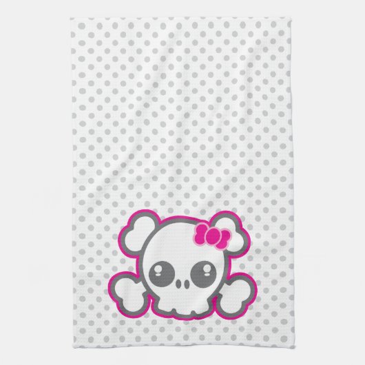Kawaii Pink Ribbon Skull Kitchen Towel Theedoek (Verticaal)