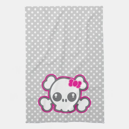 Kawaii Pink Ribbon Skull Kitchen Towel Theedoek (Verticaal)