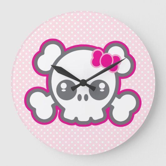 Kawaii Pink Ribbon Skull Wall klok (Voorkant)