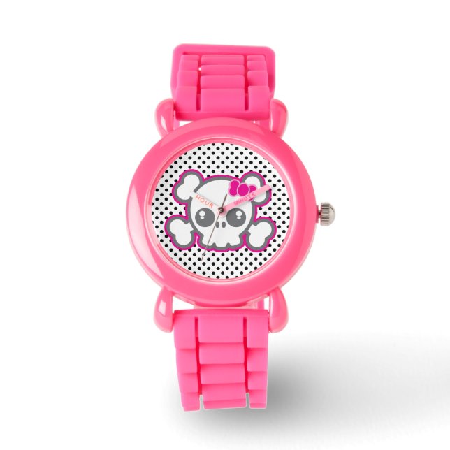 Kawaii Pink Ribbon Skull Watch Horloge (Voorkant)