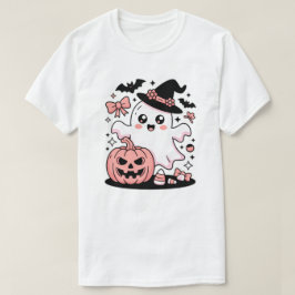 Kawaii Pink Witch Ghost met pompoen en strikken T-shirt