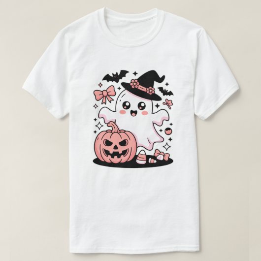 Kawaii Pink Witch Ghost met pompoen en strikken T-shirt (Design voorkant)