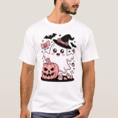Kawaii Pink Witch Ghost met pompoen en strikken T-shirt (Voorkant)