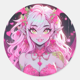 Kawaii Pinkcore Fantasy Demon Anime Girl Ronde Sticker