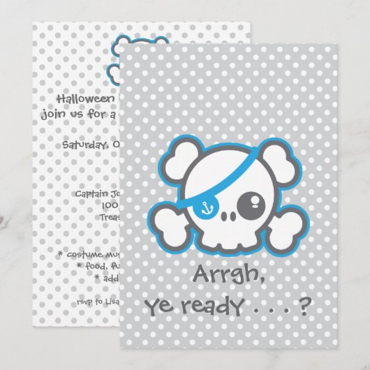 Kawaii Pirate Skull Halloween Party Invitation Kaart (Voorkant / Achterkant)