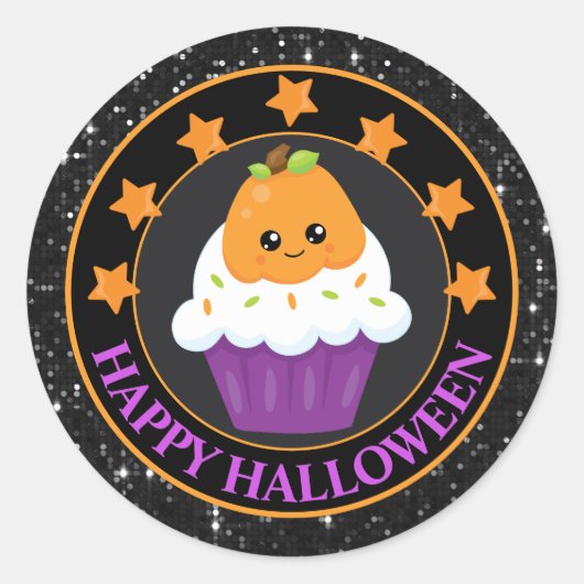 Kawaii Pompoen Halloween Cupcake Ronde Sticker (Voorkant)