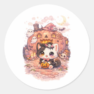 Kawaii Pompoenhuis Heks Kitty Ronde Sticker