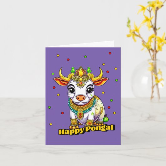 Kawaii Pongal Versierde Koe Kaart (Gele Bloem)