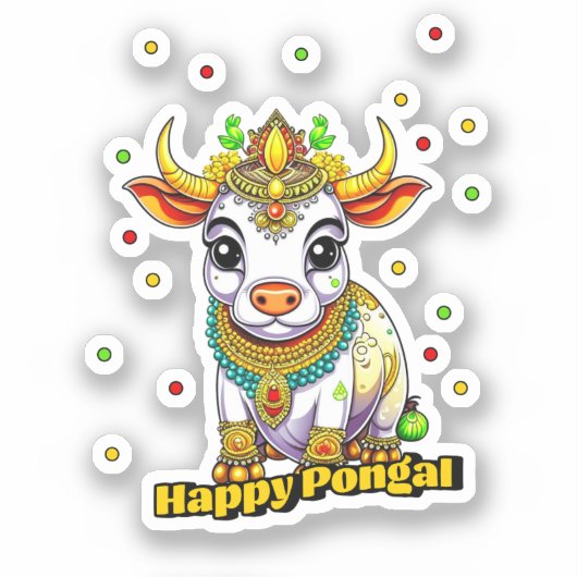 Kawaii Pongal Versierde Koe Sticker (Voorkant)
