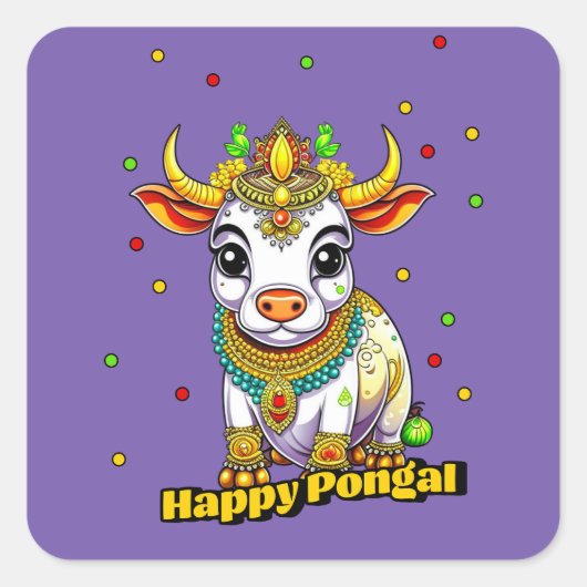 Kawaii Pongal Versierde Koe Vierkante Sticker (Voorkant)