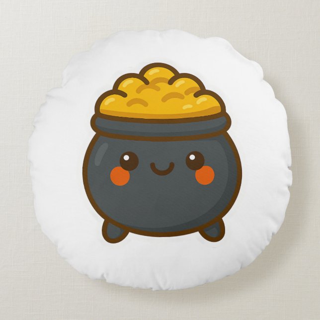 Kawaii Pot of Gold Rond Kussen (Voorkant)