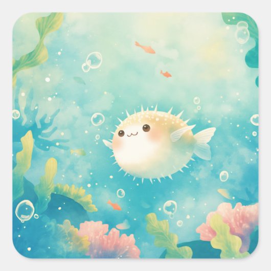 Kawaii Pufferfish Watercolor Under the Sea Nursery Vierkante Sticker (Voorkant)