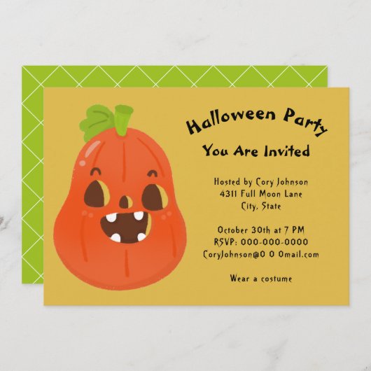 Kawaii Pumpkin Halloween Jack o' Lantern Party Inv Kaart (Voorkant / Achterkant)