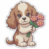Kawaii Pup met bloemen Sticker (Voorkant)