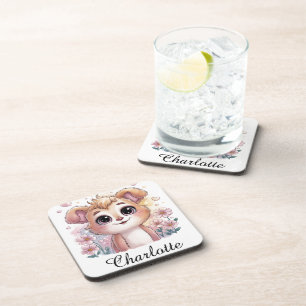 Kawaii Puppy met lente bloemen en harten Bier Onderzetter