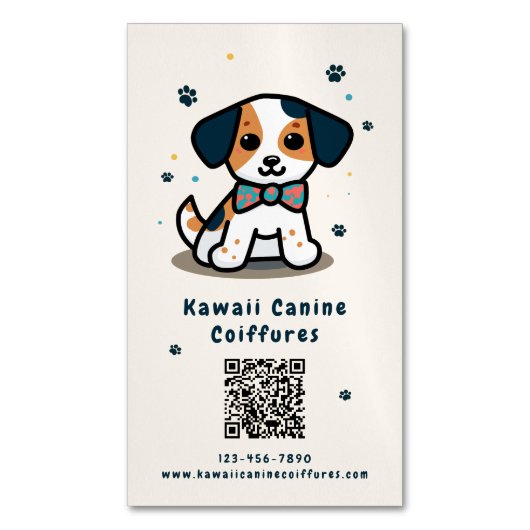 Kawaii puppy qr code hondenverzorging magnetisch visitekaartje (Voorkant Verticaal)