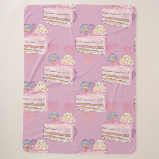 Kawaii Rainbow Cake Pattern – Pastel Paarse Sherpa Deken (Voorkant)