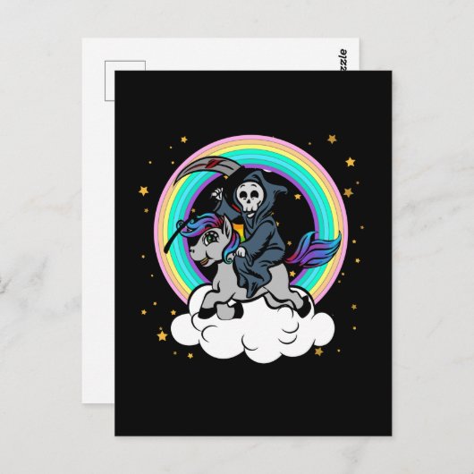 Kawaii Rainbow Grim Reaper met Unicorn Briefkaart (Voorkant / Achterkant)