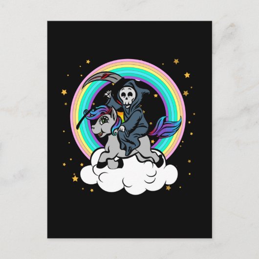 Kawaii Rainbow Grim Reaper met Unicorn Briefkaart (Voorkant)