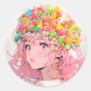 Kawaii Rainbow Pastel Snoep Mushroom Anime Girl Ronde Sticker