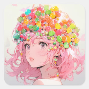 Kawaii Rainbow Pastel Snoep Mushroom Anime Girl Vierkante Sticker