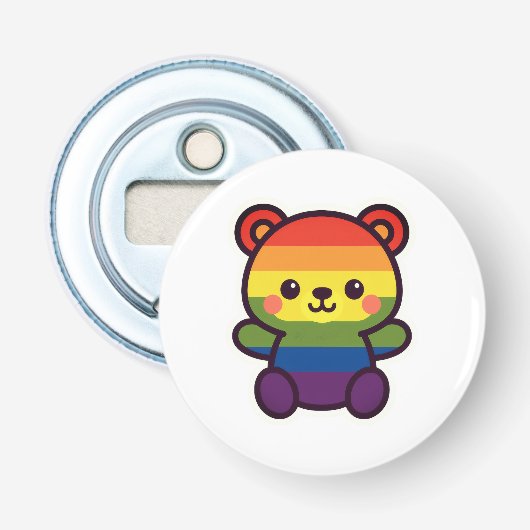 Kawaii Rainbow Teddy – een Schattigee LGBTQ+ Pride Button Flesopener (Voorkant)