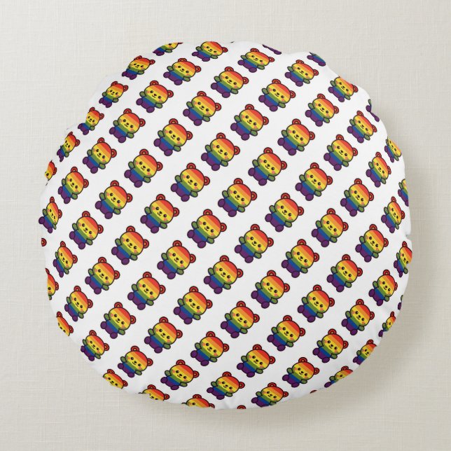 Kawaii Rainbow Teddy – een Schattigee LGBTQ+ Pride Rond Kussen (Voorkant)