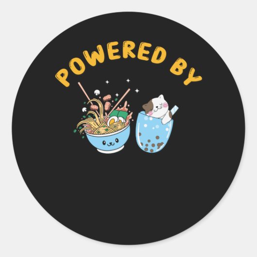 Kawaii Ramen & Cat Design | Powered Ramen and Cat Ronde Sticker (Voorkant)
