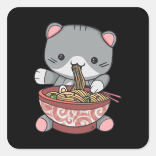 Kawaii Ramen Cat noedle bowl met hopstokken Vierkante Sticker