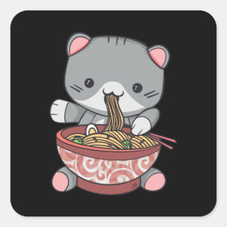 Kawaii Ramen Cat noedle bowl met hopstokken Vierkante Sticker