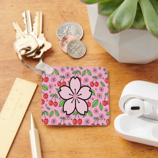 Kawaii Red Cherry Vibes Cute Girly Aesthetic Sleutelhanger (Bureau)