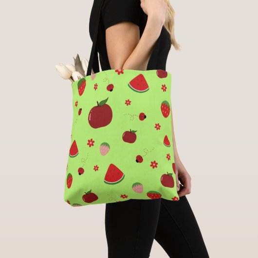 Kawaii Red Fruits Pattern in Lime Green Tote Bag (Dichtbij)