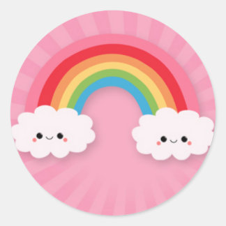 Kawaii Regenboog en Wolken op Roze Starburst Ronde Sticker