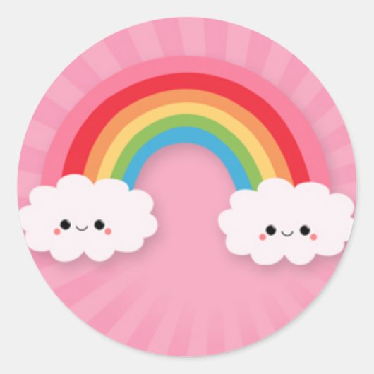 Kawaii Regenboog en Wolken op Roze Starburst Ronde Sticker (Voorkant)