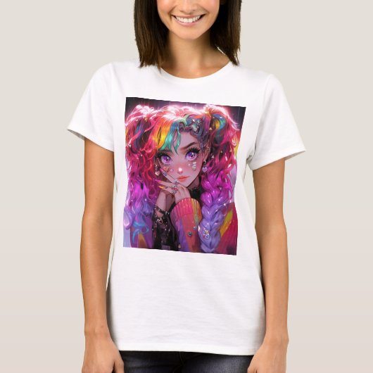 Kawaii regenboog haar vlechten anime meisje t-shirt (Voorkant)