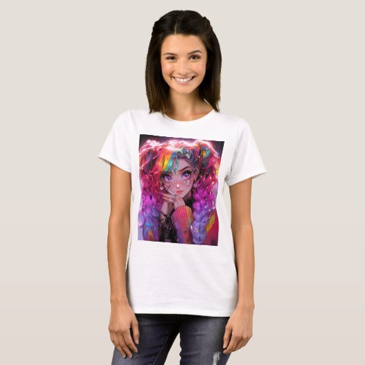 Kawaii regenboog haar vlechten anime meisje t-shirt (Voorkant volledig)