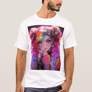 Kawaii regenboog haar vlechten anime meisje t-shirt