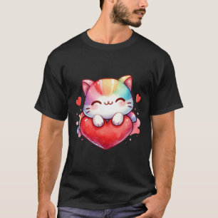 Kawaii Regenboog Schattige Kat Knuffelend Hart Kit T-shirt