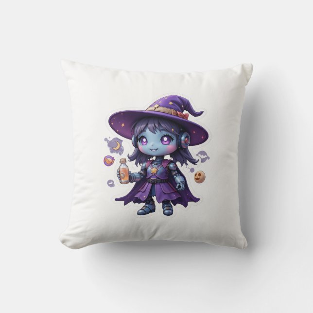 Kawaii Robot Witch Girl Schattige Magisch Tech Dec Kussen (Voorkant)