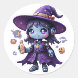 Kawaii Robot Witch Girl Schattigee Sci-Fi tovenare Ronde Sticker