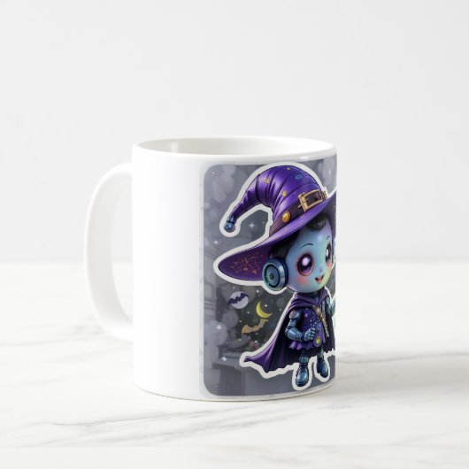 Kawaii Robot Witch Mok Schattige Halloween Coffee  (Voorkant links)