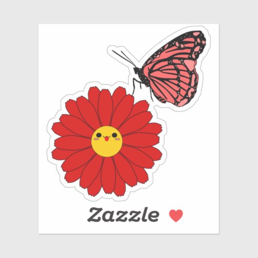 Kawaii Rode Daisy met Vlinder Vinyl Sticker (Vel)