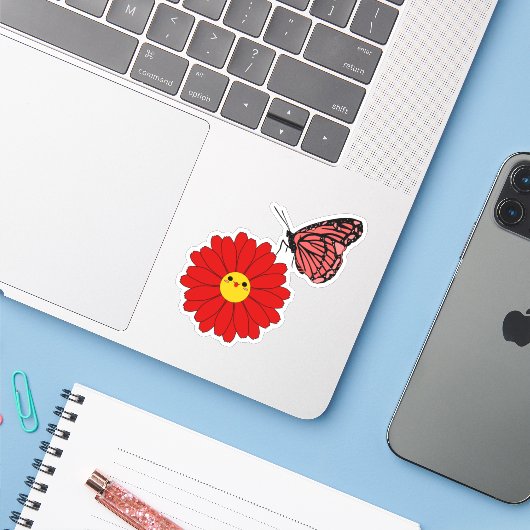 Kawaii Rode Daisy met Vlinder Vinyl Sticker (Laptop met iPhone)