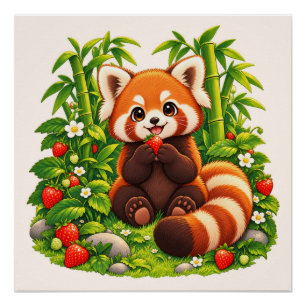 Kawaii Rode Panda Aardbeituin Glanzende Poster