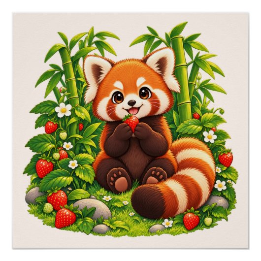 Kawaii Rode Panda Aardbeituin Glanzende Poster (Voorkant)